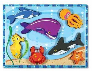 x 11.75" x 0.75." Ages 2+ Safari Wooden Peg 0562787E $7.99 Sea turtle, sea star, see crab...a delightful set of six wooden jigsaw puzzles feature some popular underwater friends.