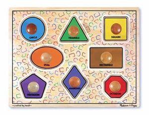 Wooden s Shapes Jumbo Knob Wooden Eight familiar shapes are brightly colored with bold outlines. Extra thick wooden puzzle includes eight pieces, with jumbo wooden knobs for easy grasping.