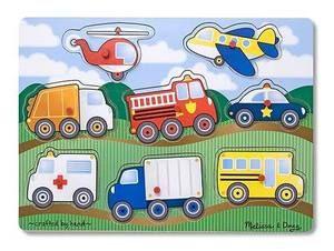 00 Vehicle Sounds Wooden Place a vehicle puzzle piece correctly in the puzzle board and listen to it toot, beep or rumble! Eight great sounds and a full-color, matching picture beneath all 8 pieces.