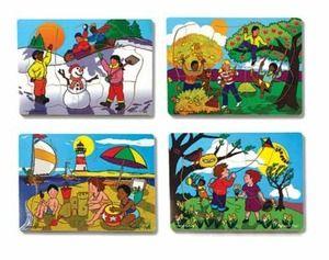 Ages 3+ Rainforest Floor 0562725E Four wooden jigsaw puzzles feature children enjoying seasonal activities from smooth sailing in the summer to smooth sledding in the winter.