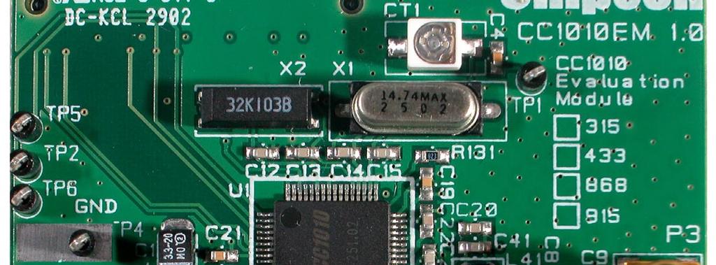 High-frequency crystal 32.768 khz crystal Trimmer capacitor Power connections Antenna connector CC1010 Temperature sensor Figure 1: CC1010EM Evaluation Module PCB layout The figure above shows the 1.