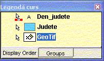 În tabul Display Order din legendă, selectaţi intrarea GeoTif si aduceţi-o pe ultimul loc în legendă. 13.În legendă, click dreapta mouse pe intrarea GeoTif si selectaţi Locatable Off. 14.