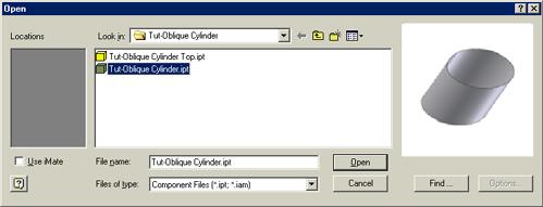 Inventor (10) Module 1E: 1E- 15 Figure 1E-5D: Selecting the Tut- Oblique Cylinder.ipt file in the Open dialog window. Figure 1E-5E: Creating an occurrence of the lateral oblique cylindrical piece.