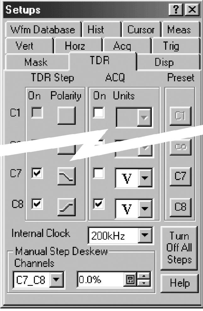 Appendix B: Performance Verification TDR tab Step polarity Preset Enable outputs Figure 32: Setting the TDR parameters 5. Set the Channel 7 (C7) Polarity to negative (falling). 6.