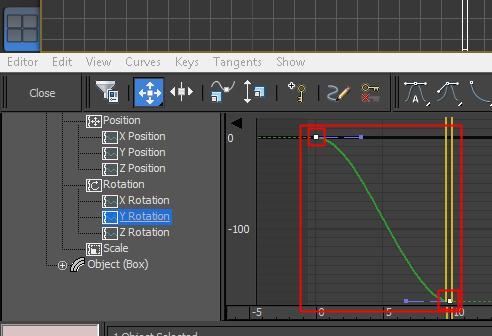 Then, drag a selection box around both of the Keyframes at each end of our Green Y-Rotation Curve.