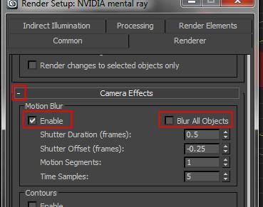 Turn Motion Blur on by checking the Enable box in the settings rollout. Uncheck the Blur All Objects button.