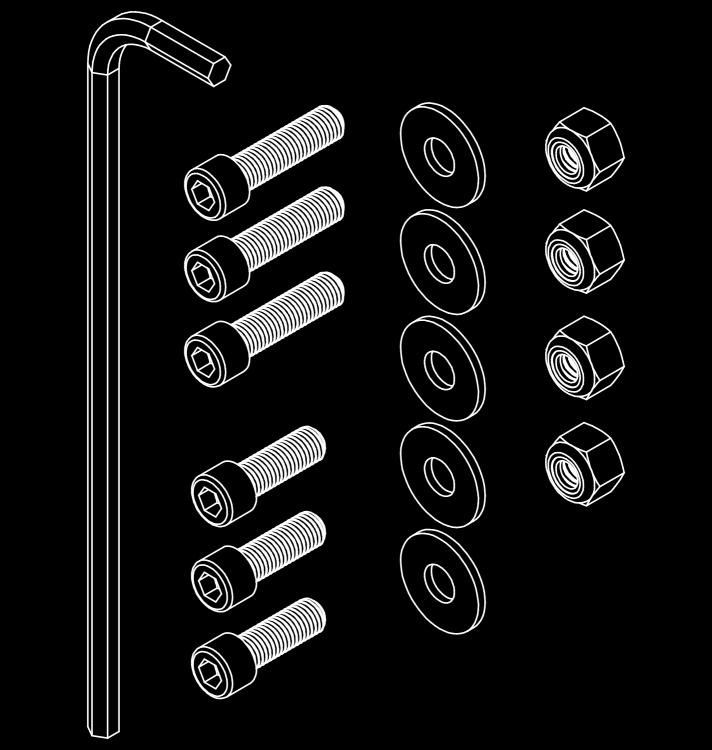 Three (3) Socket-head cap-screw, 1/4" x 1 c. Three (3) Socket-head cap-screw, 1/4" x 3/4" d. Five (5) Flat washer, 1/4" e.
