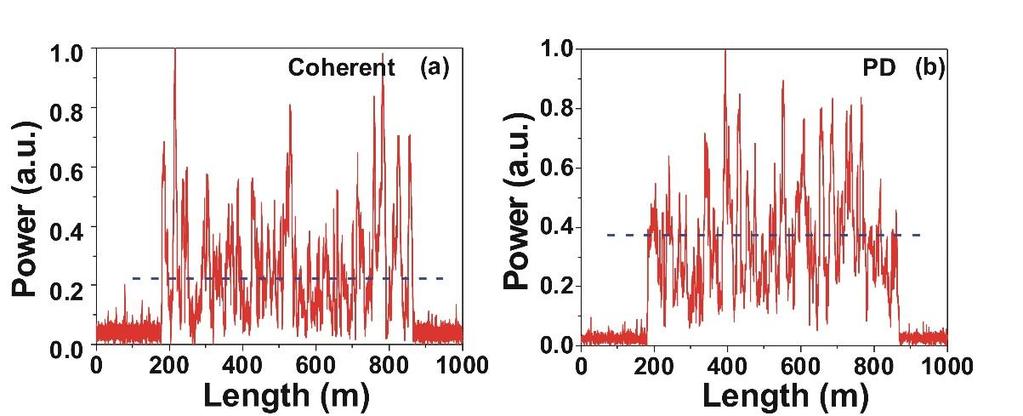 Figure 3.4 Normalized 100 superposition Φ-OTDR traces with 50ns pulse width: (a) coherent detection; (b): polarization diversity detection.