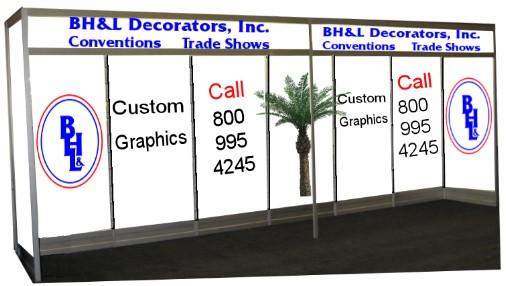 section, standard white panels, standard carpet, backwall lighting (electricity not included) and header. Standard header copy is in black block lettering listing the company name only.