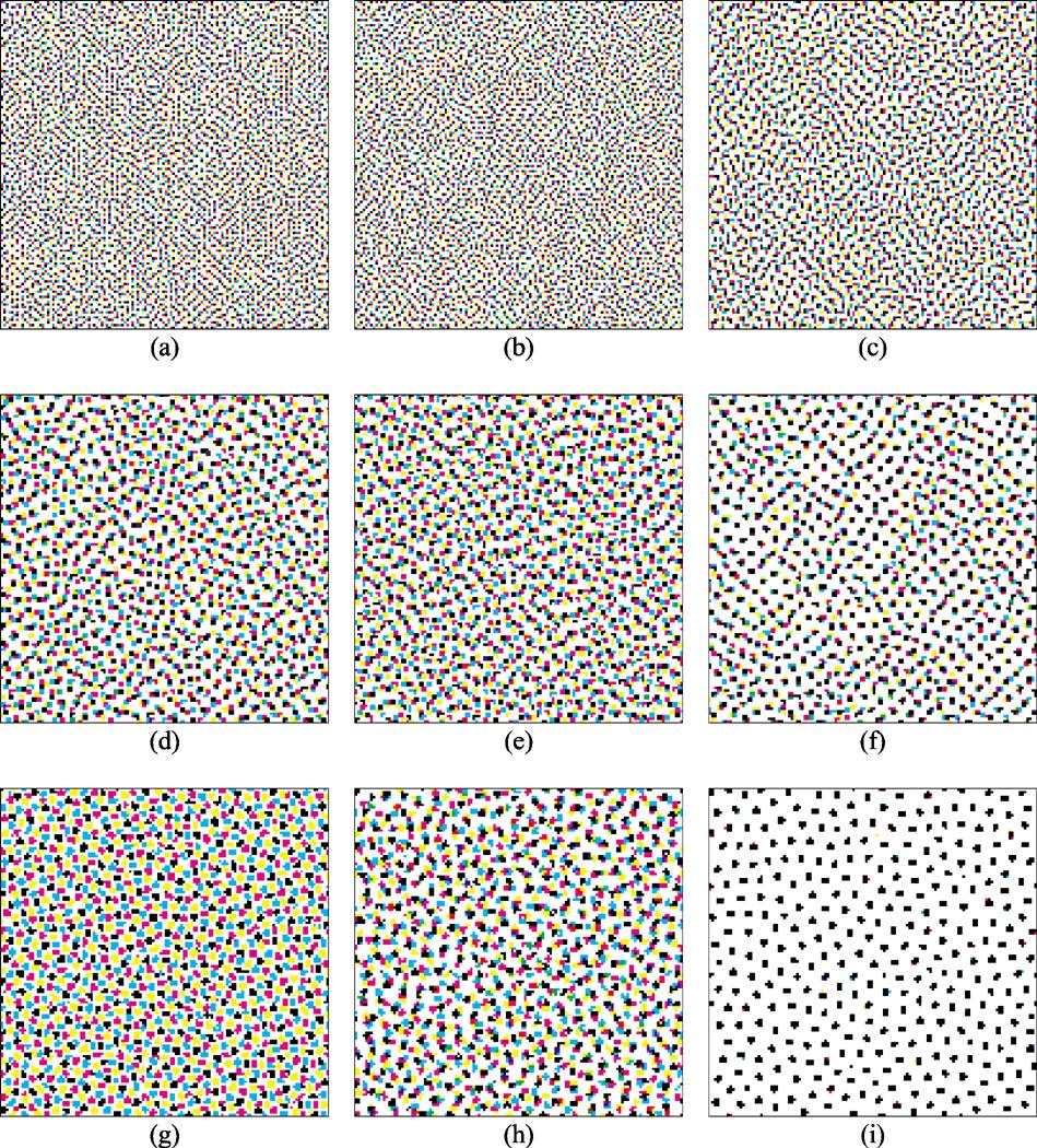 932 IEEE TRANSACTIONS ON IMAGE PROCESSING, VOL 9, NO 5, MAY 2000 Fig 12 Color plate 1 CMYK dither patterns with: (a) created via Floyd-Steinberg error diffusion, (b) (f) created via generalized error