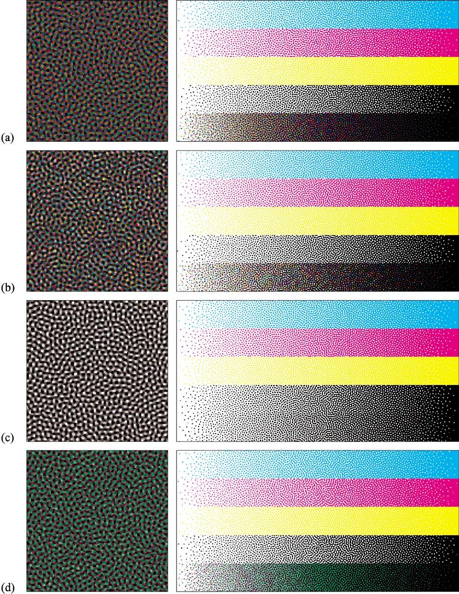 LAU et al: DIGITAL COLOR HALFTONING WITH GENERALIZED ERROR DIFFUSION AND MULTICHANNEL GREEN-NOISE MASKS 933 Fig 13 Color plate 2 CMYK green-noise masks constructed from VBIPPCCA such that: (a)