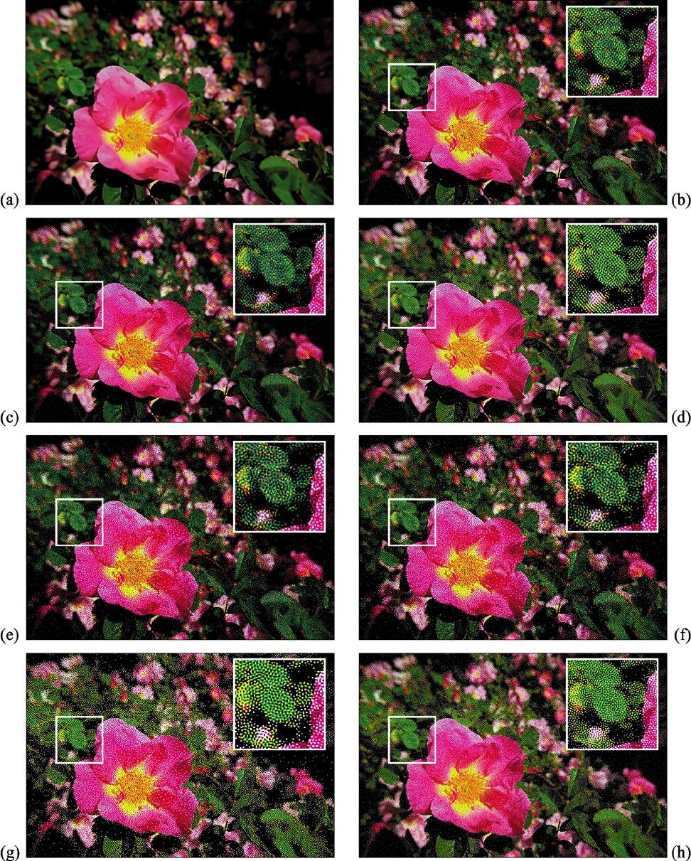 934 IEEE TRANSACTIONS ON IMAGE PROCESSING, VOL 9, NO 5, MAY 2000 Fig 14 Color plate 3 CMYK halftoned images of the: (a) original using, (b d) generalized error diffusion, and (e h) multichannel