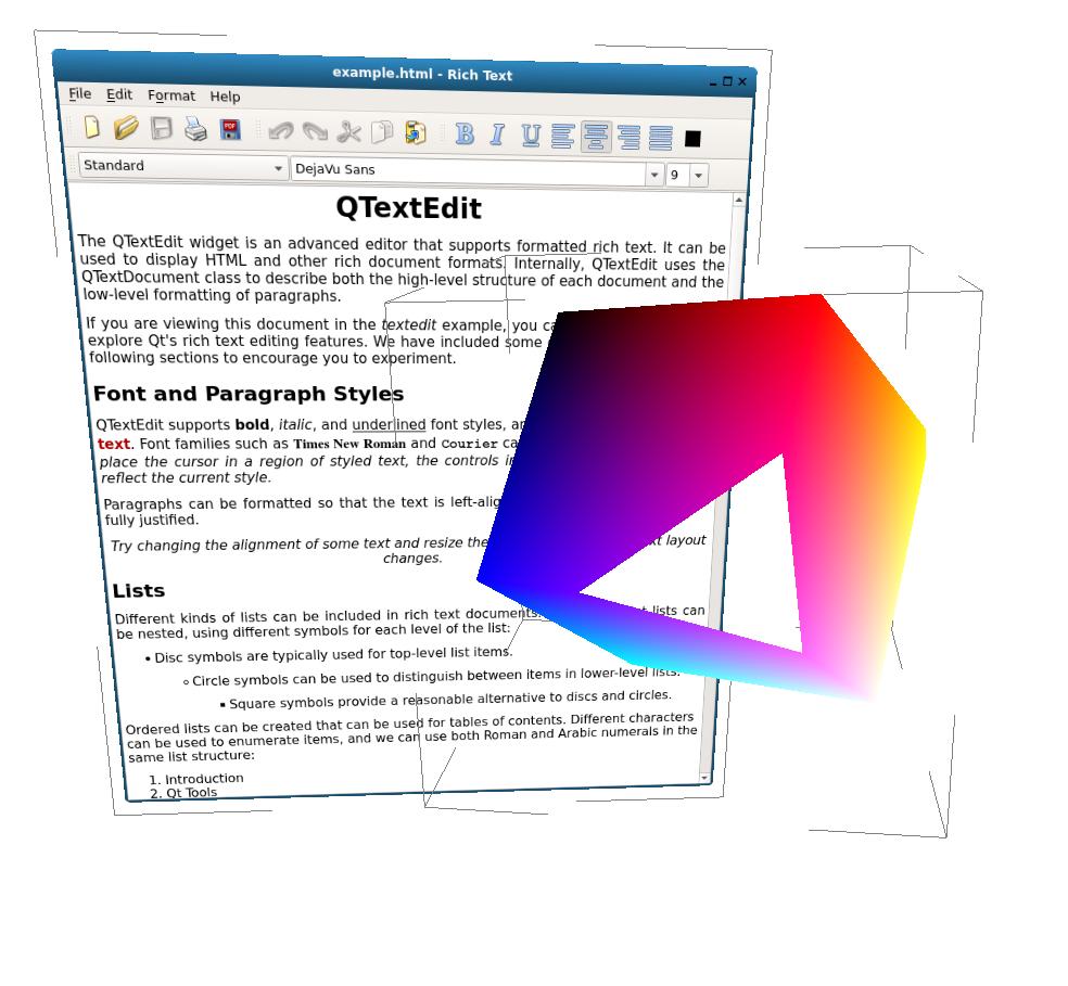 Figure 7.4: A screenshot of the motorcar compositor showing the content of the cuboid window (the colored cube) being clipped against the near clipping surface.