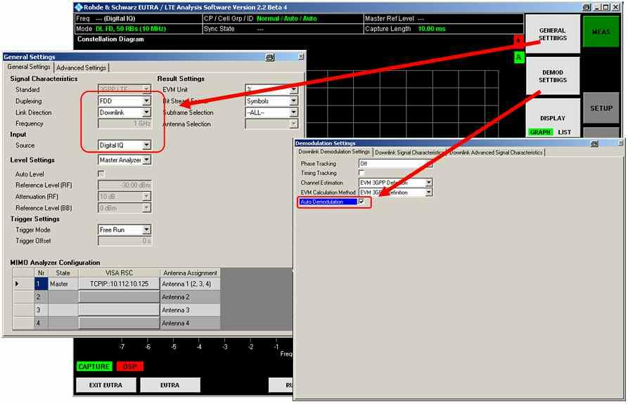 Receiver verification; settings and measurements FSQ settings for Rx verification Figure 44: General and demodulation settings for the FSQ (DL, 10 MHz FDD) It is also possible to set this manually be
