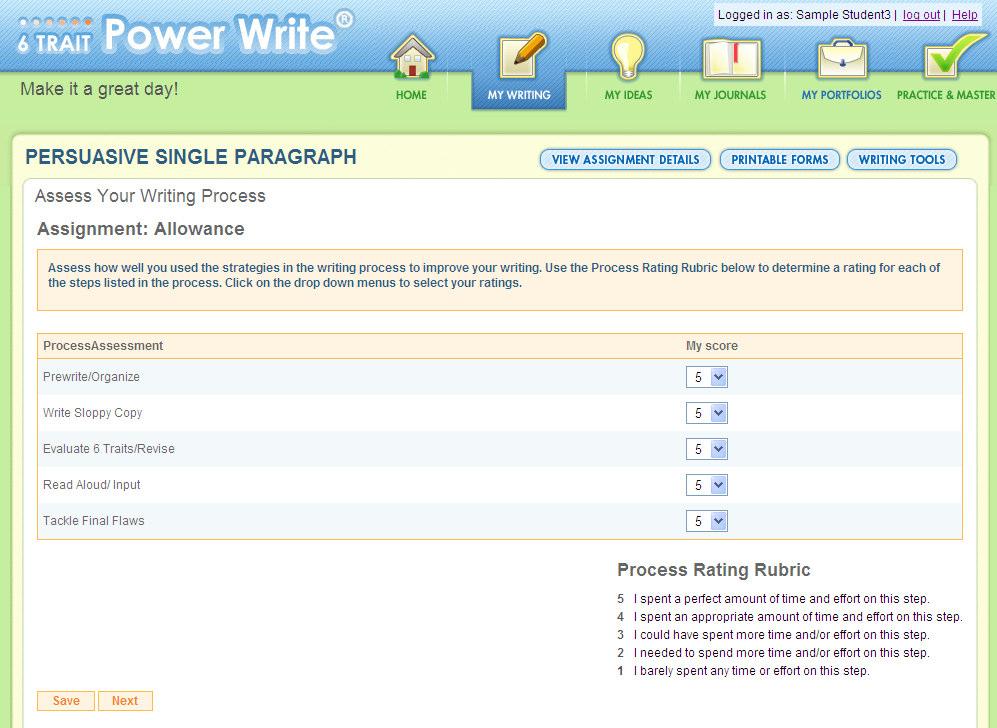 Assess Your Writing Process Your teacher has the option of assigning the Assess Your Writing Process page.