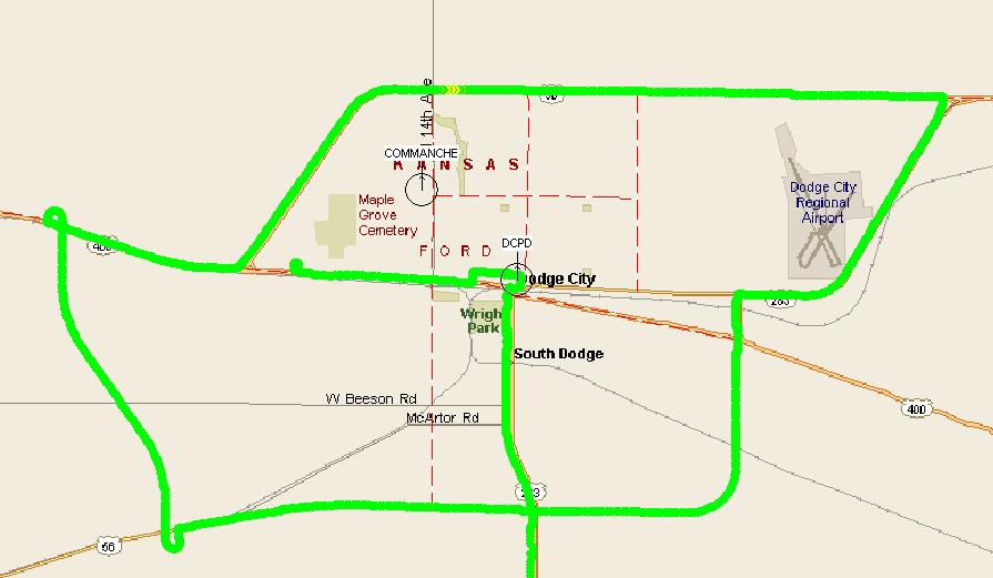 PSAP Drive Test Result Dodge City PSAP 100 Gunsmoke St. Coveraged within Dodge City is estimated to be satisfactory on-street, with some terrain blockage towards the north end of the City.