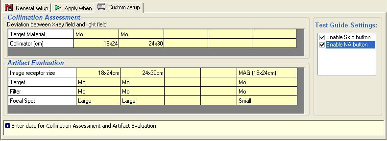 TNT 12000 Test Templates Printing a Test Report 4 Mammo MQSA Test Figure 4-7 shows the setup form for the MQSA Test Elements and Table 4-19 lists the test parameters for this test. Figure 4-7. Custom Setup Window for MQSA Test Element gao29.