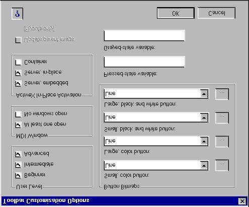 390 CHAPTER 17 The Toolbar Customization Options dialog box. Importing toolbars Toolbars are saved as integral parts of IntelliCAD. In IntelliCAD, you can load toolbars created as part of AutoCAD (*.