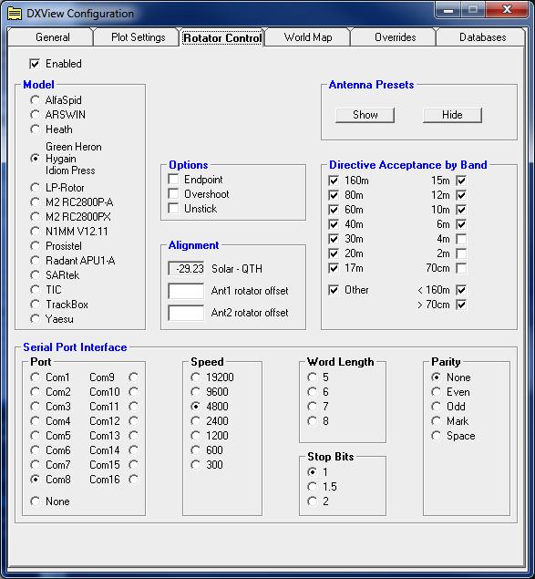 o DXView s ROTATOR CONTROL configuration tab:! This screen is configured to control the Idiom Press interface installed in the Hygain rotator control box, using serial port #8 at 4800 baud.