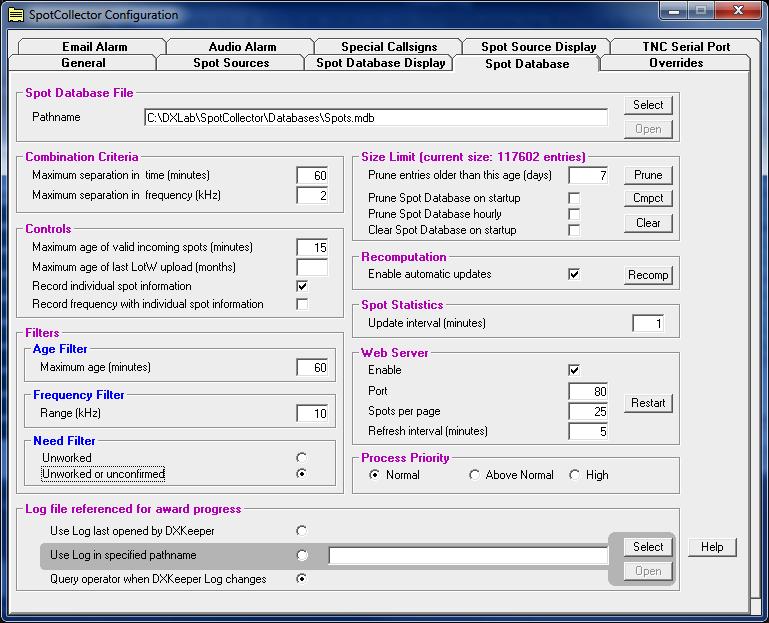 o SpotCollectors s SPOT DATABASE configuration tab: SpotCollector configuration