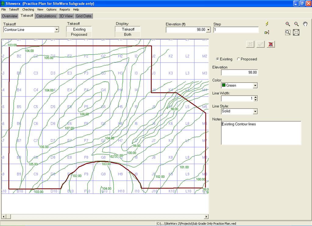 Step 8 - Digitize the Existing and Proposed Contour Lines Step 1 - Select Contour Line as the Takeoff item. Step 2 - Select Existing. Step 3 - Enter the existing elevation to digitize (i.e. 98).