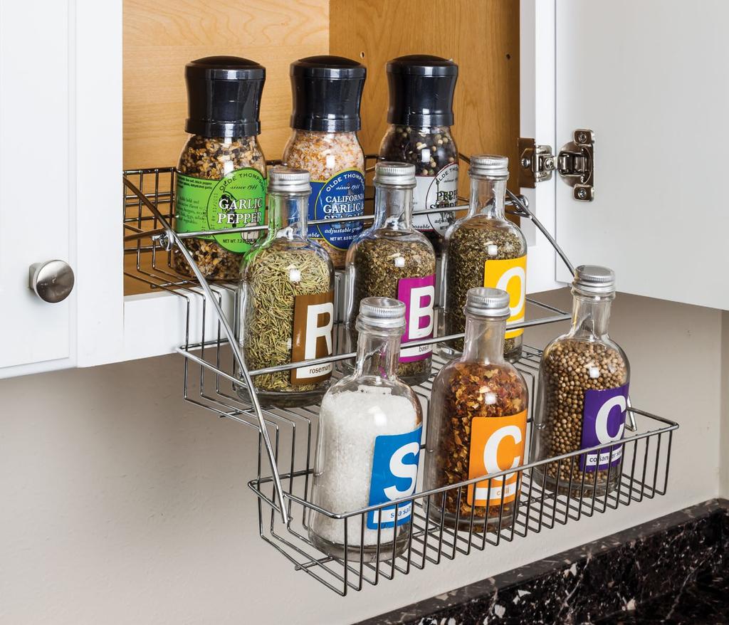 3-Tier Spice Pulldown Great for organizing spices and small jars in your cabinets Remove clotter of small, hard-to-rach items Simple pull-down motion gives access fo 3 tiers of