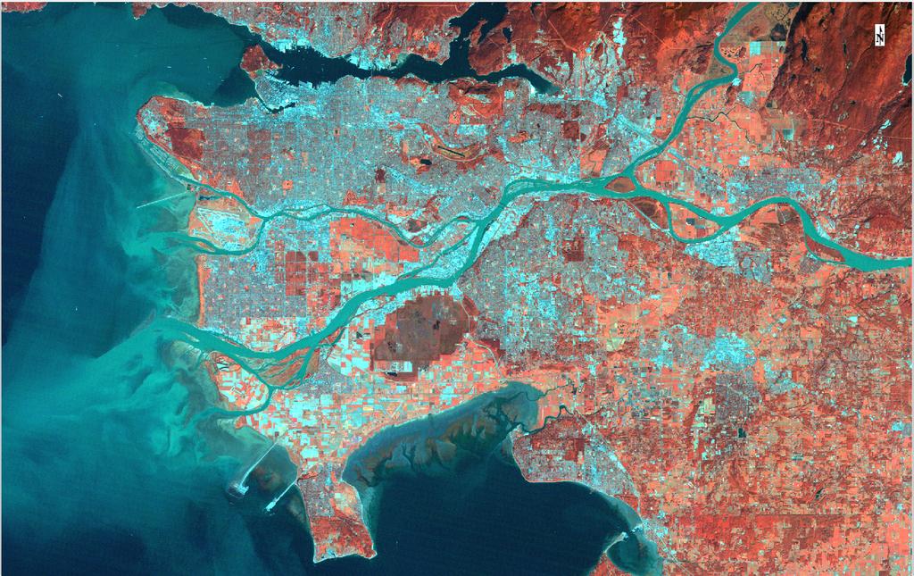 Figure 3: Screenshot of Landsat 5 Thematic Mapper image of Vancouver and its surroundings (taken at 22 September 1999) in RGB: band 4 (NIR), band 2 (green), band 1 (blue).