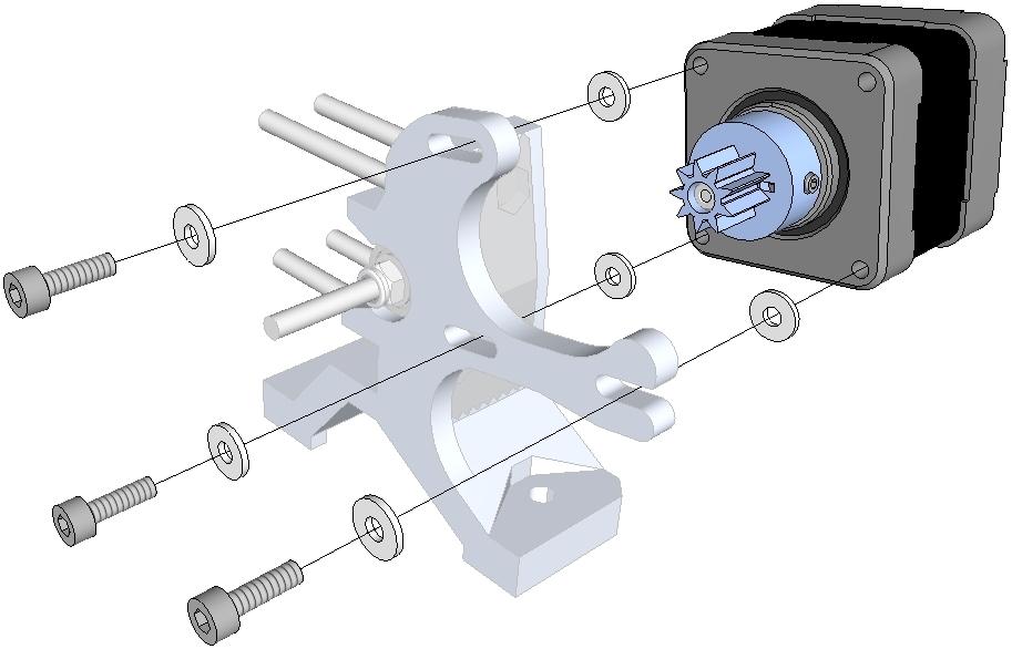 Mount the motor onto the extruder-block using three M3x0 bolts and a total of six M3 nylon