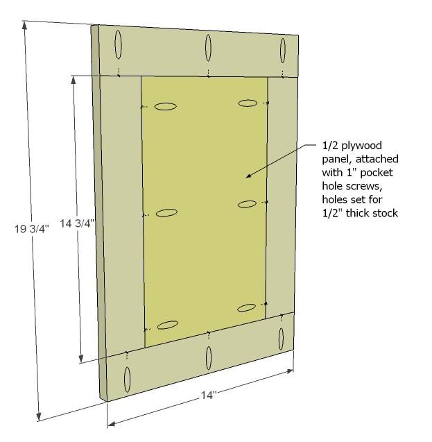 [32] Doors. There are many ways to build doors, ranging from super complicated to uberly easy. Easy is shown above. Use 1/2" plywood for the panel, framed in 1x3s.