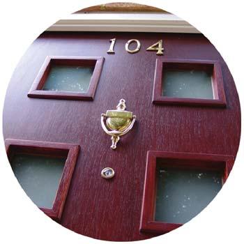 Letter plate with internal cowl. Numeral plate. Pull handles. Security chain or door check. Perimeter draught seal.