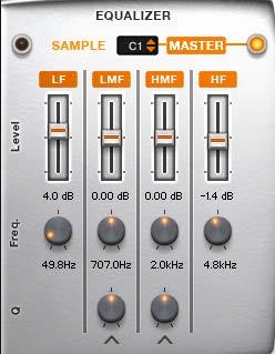13 The Master EQ of a Kit Instrument It is a 4 band EQ with high shelf (HF) and low shelf (LF) bands, as well as two mid frequency bell-shaped bands (LMF and HMF).