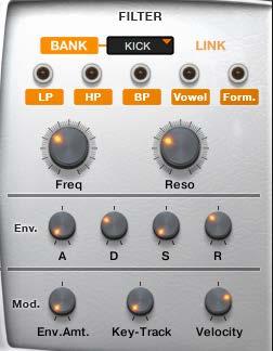 4.8 Filter A filter is also used to alter the timbre of a sound, but in more extreme ways than an equalizer. As such, modulation options are offered to increase the sonic possibilities.