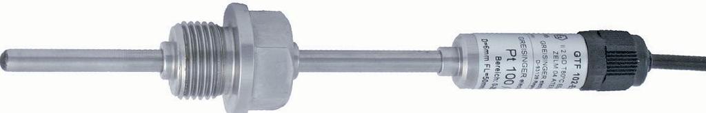Temperature probe INDUSTRIAL TEMERATURE ROBES (ATEX 100) without neck tube, for temperatures 100 C GTF 102-Ex Upcharges: Sensors: t100 / t1000, mineral insulated element, 4-wire: type K or N, mineral