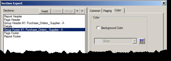 12. Select the Details section. 13. On the Common tab, check Hide (Drill-Down OK). 14. Select the section Group Footer #1. 15. Click the Color tab. 16. Click to display the Format Formula Editor. 17.