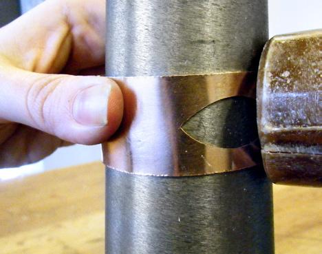 Using a small tapered riveting hammer, hammer perpendicularly along all edges [3].