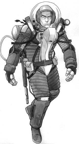 various weapons are listed in the Close Combat section. Defensive Suits. A character can wear a skein or albedo suit under a spacesuit, and receive all of that suit's defensive benefits in combat.