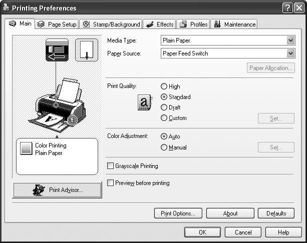 Basic Printing 2 Open Printer Properties dialog box. (1) Select Print from the application software's File menu. (2) Ensure that Canon PIXMA ip2000 is selected. (3) Click Preferences or Properties.