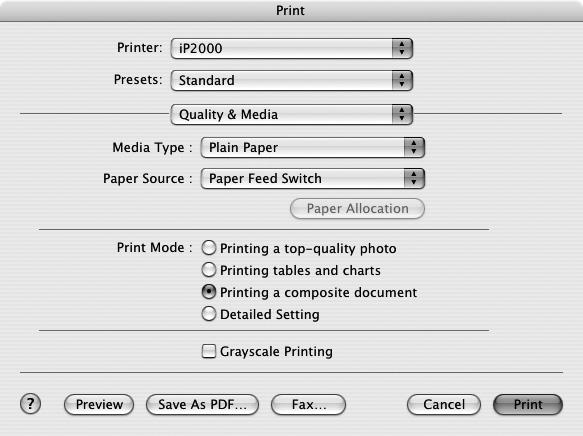 Basic Printing 3 Specify the required settings. (1) Select Print from the application software's File menu. (2) Select Quality & Media from the pop-up menu.