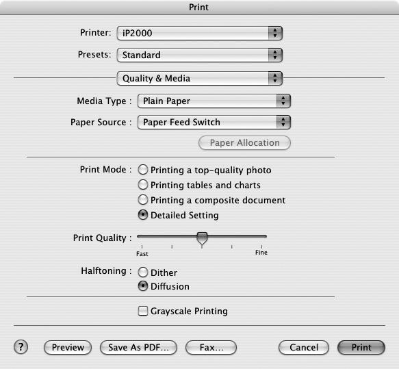 1 Open the Print dialog box. See "Printing with Macintosh" on page 16.