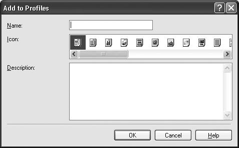 See "Opening the Printer Properties Dialog Box from Your Application Program" on page 26. 2 Click the Profiles tab. 3 Enter new settings in Profiles. (1) Click Add to Profiles.
