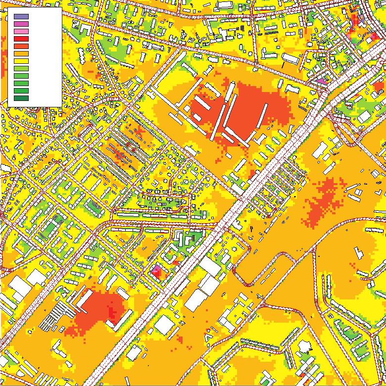 Software for Calculation of Noise Maps Implemented on Supercomputer 375 Figure 9. Difference map CadnaA algorithms that the commercial program has more parameters to set, e.g. concerning the maximum source-receiver distance, the search radius source distance, the search radius receiver distance.