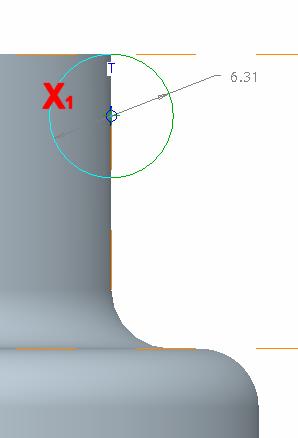 Position the cursor on the small vertical reference line X 1 and left-click to place the centre of the circle; move the cursor onto the horizontal reference line X 2 (near to where it intersects