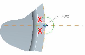 2). 12. From the sketch toolbar select Dynamic Trim and select the circle at the points indicated in the illustration. 13. Middle-click to exit Dynamic Trim.