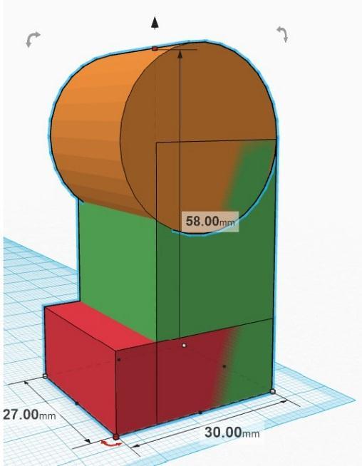 Notice how the thigh (orange cylinder) does not reach all the way across the green cube, this is normal.