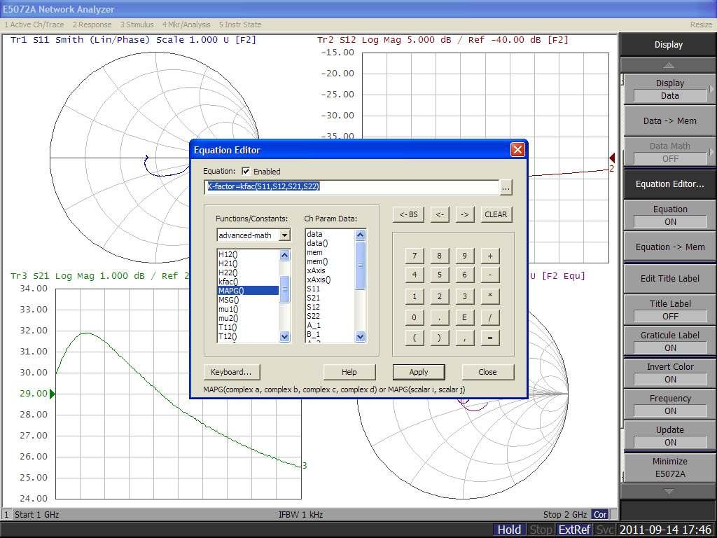 The E5072A s equation editor allows users to enter deined equations or parameters such as K-factor or μ-factor, and the result mathematically calculated from measured traces is displayed in real time.
