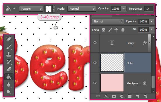 Step 13 Create a new layer right on top of the Background layer, call it Dots, pick the Paint Bucket Tool, choose Pattern in the Options bar, then fill the background with one of the Dots and