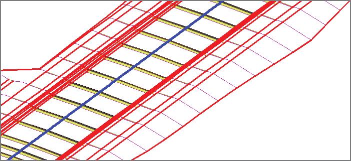 160 Chapter 9 Designing in 3D Using Corridors Figure 9.4 The red lines are feature lines that connect like points on each assembly insertion.
