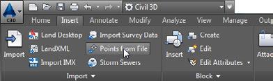 42 Chapter 3 Establishing Existing Conditions Using Survey Data Importing Points without a Survey Database Sometimes you may want to import points straight into your Civil 3D drawing without the