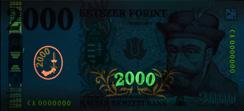 than that of the banknote. If you look at the watermark area under UV-A and UV-C light on the front, the image of an armored arm holding a sword and the number 2000 appear in an oval frame.
