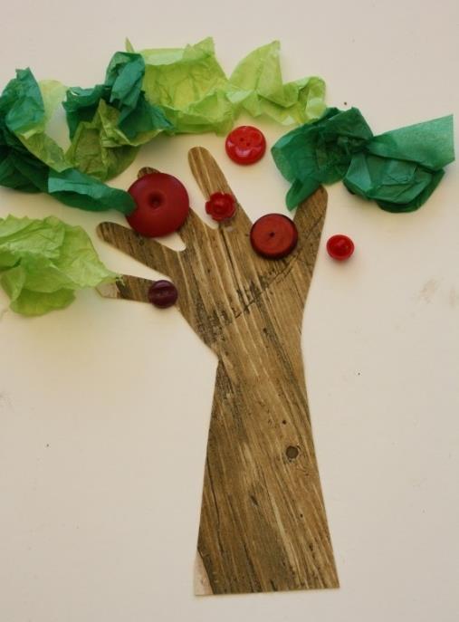 Wee Expert (5 6 years) Apple Tree Craft Green tissue paper Brown construction paper White paper Red buttons Pencil Glue 1.